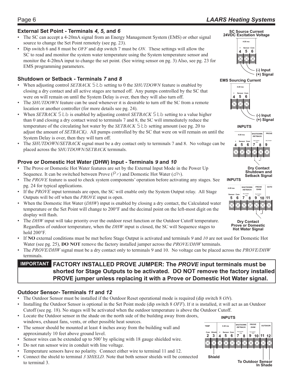 Page 6 laars heating systems, External set point - terminals 4, 5, and 6, Shutdown or setback - terminals 7 and 77 8 | Outdoor sensor- terminals 11 and 12 | LAARS SC 12 - Install and Operating Manual User Manual | Page 6 / 28