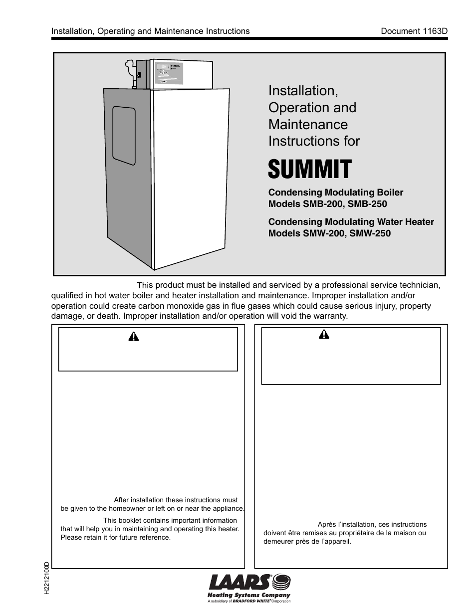 LAARS SUMMIT SMW-250 - Install and Operating Manual User Manual | 36 pages
