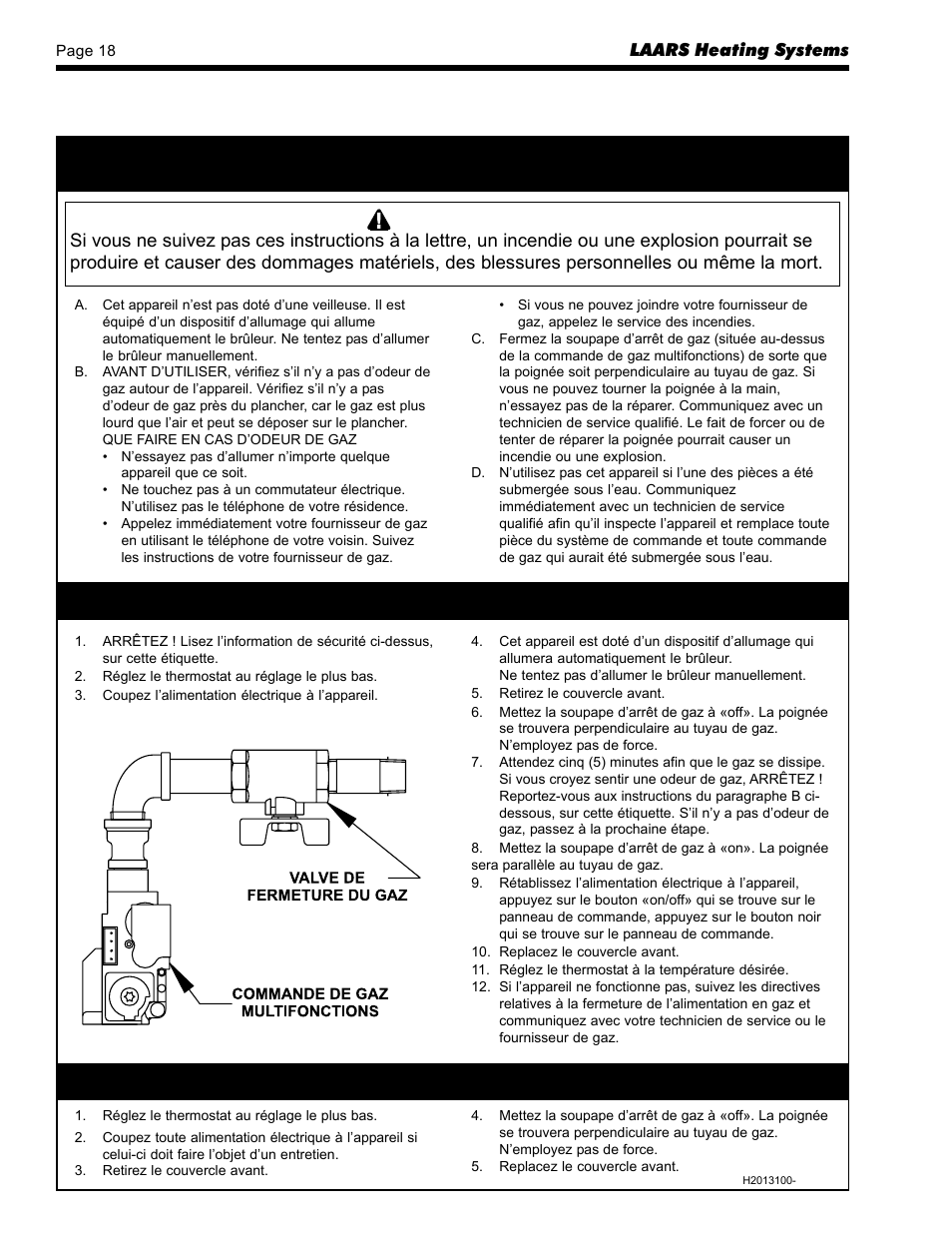 Notice d’utilisation, Fermeture de l’alimentation en gaz à l’appareil | LAARS SUMMIT SMW-250 - Install and Operating Manual User Manual | Page 18 / 36