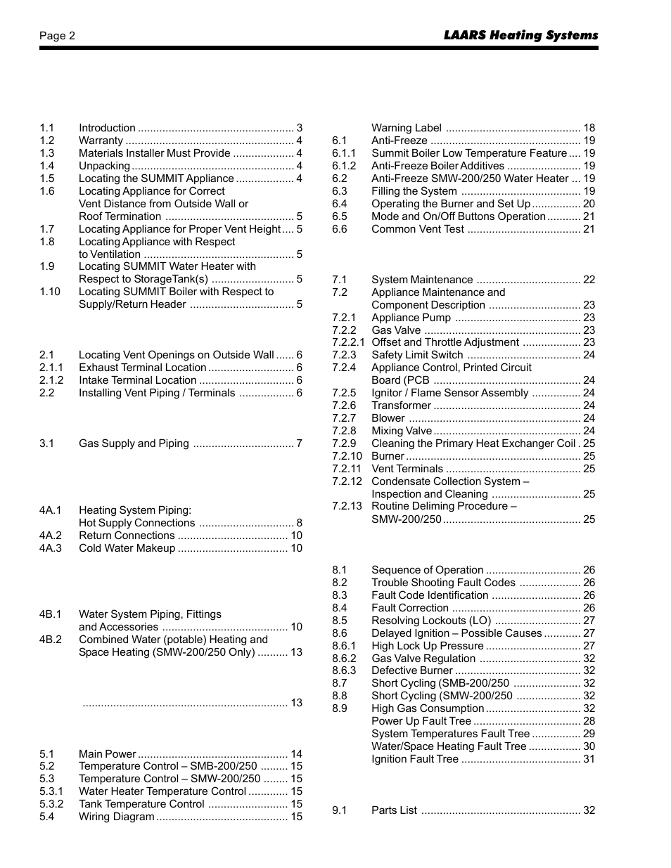 LAARS SUMMIT SMW-250 - Install and Operating Manual User Manual | Page 2 / 36