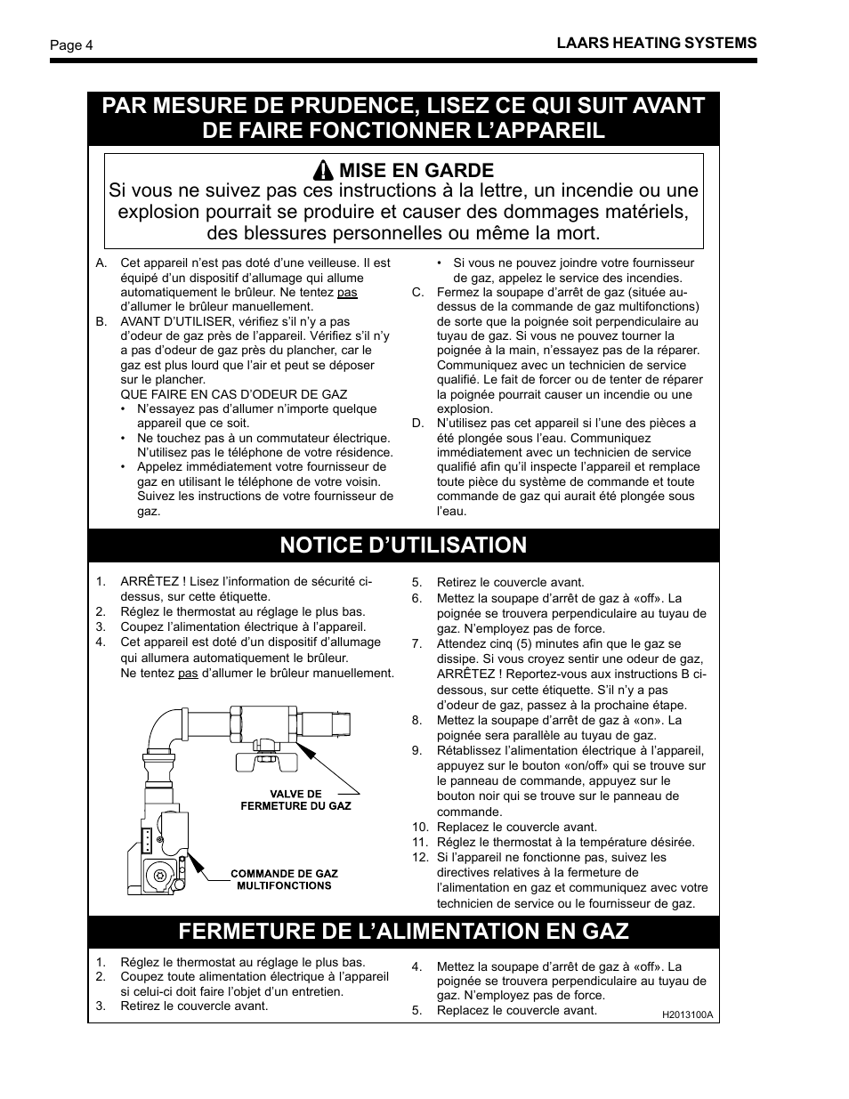 Notice d’utilisation, Fermeture de l’alimentation en gaz | LAARS SUMMIT SMB-250 - Users Manual User Manual | Page 4 / 8