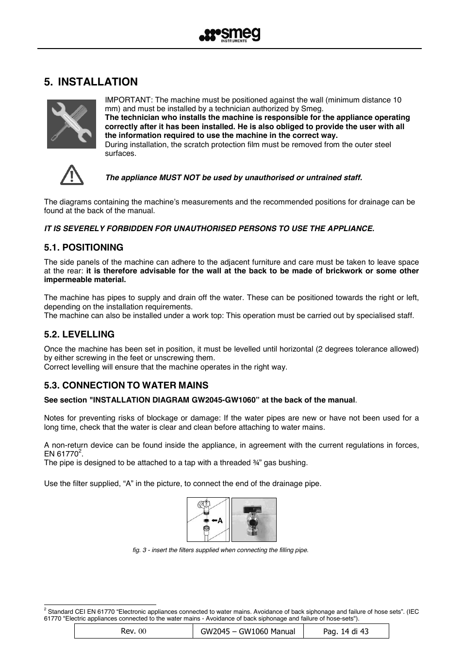 Installation, Positioning, Levelling | Connection, Water, Mains | LABEC GW1060 User Manual | Page 15 / 44