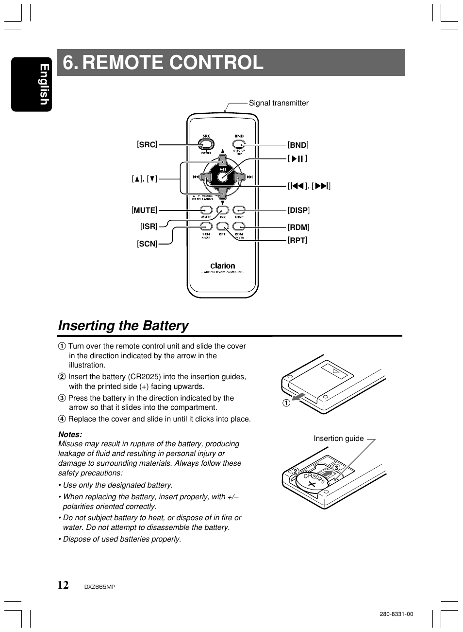 Remote control, Inserting the battery, English | Clarion DXZ665MP User Manual | Page 12 / 31