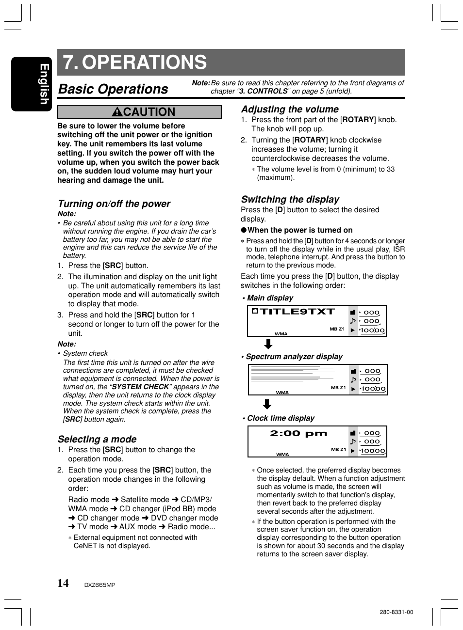 Operations, Basic operations, English | Caution, Turning on/off the power, Selecting a mode, Adjusting the volume, Switching the display | Clarion DXZ665MP User Manual | Page 14 / 31