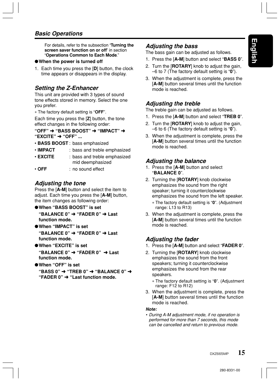 15 english, Setting the z-enhancer, Adjusting the tone | Adjusting the bass, Adjusting the treble, Adjusting the balance, Adjusting the fader, Basic operations | Clarion DXZ665MP User Manual | Page 15 / 31