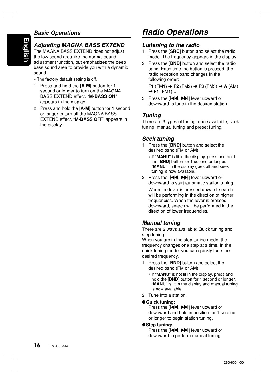 Radio operations, English, Basic operations | Listening to the radio, Tuning, Seek tuning, Manual tuning, Adjusting magna bass extend | Clarion DXZ665MP User Manual | Page 16 / 31