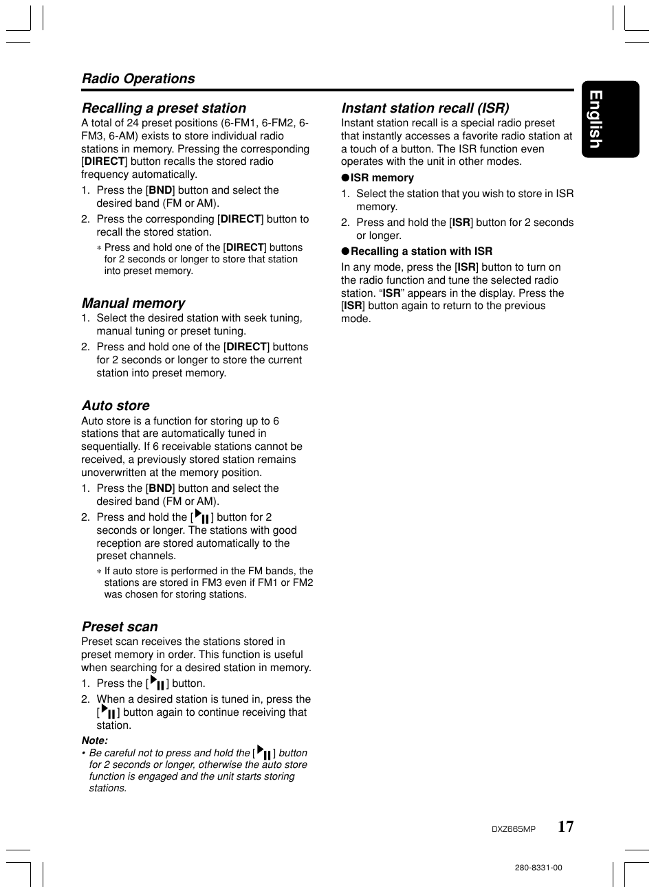 17 english, Instant station recall (isr), Radio operations recalling a preset station | Auto store, Preset scan | Clarion DXZ665MP User Manual | Page 17 / 31