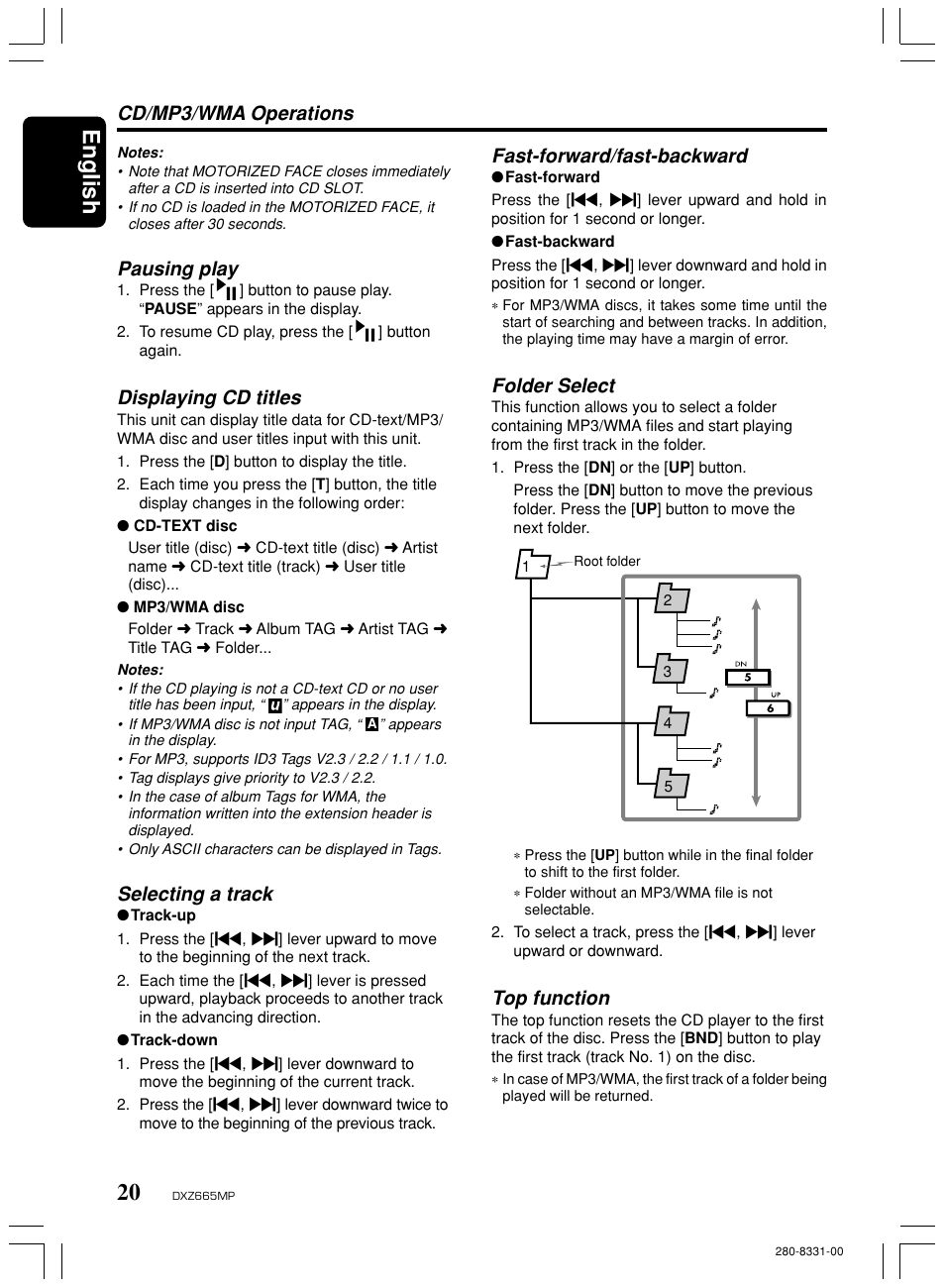 English, Pausing play, Displaying cd titles | Selecting a track, Cd/mp3/wma operations fast-forward/fast-backward, Folder select, Top function | Clarion DXZ665MP User Manual | Page 20 / 31