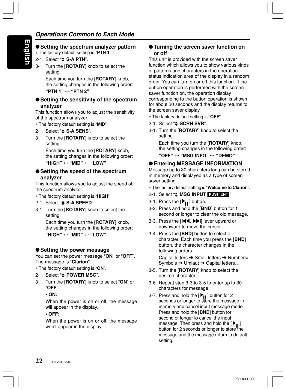 English, Operations common to each mode | Clarion DXZ665MP User Manual | Page 22 / 31