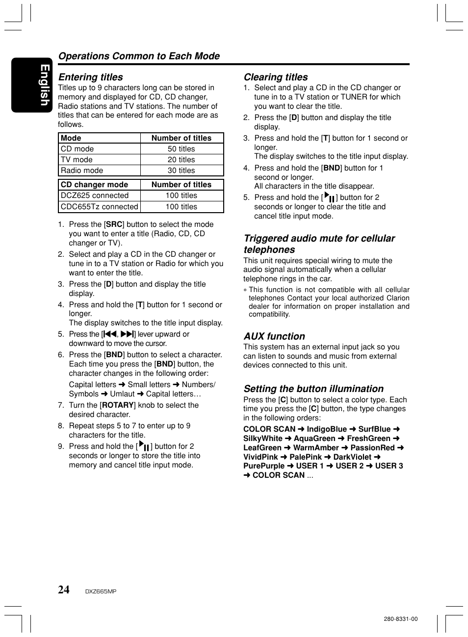 English, Operations common to each mode entering titles, Clearing titles | Triggered audio mute for cellular telephones, Aux function, Setting the button illumination | Clarion DXZ665MP User Manual | Page 24 / 31