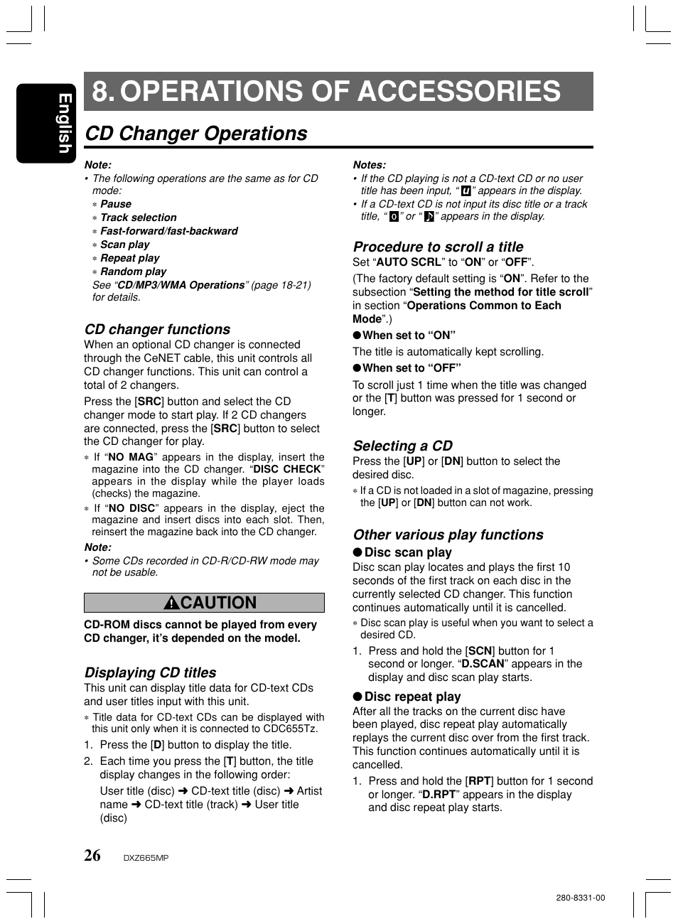 Operations of accessories, Cd changer operations, English | Caution, Cd changer functions, Displaying cd titles, Procedure to scroll a title, Selecting a cd, Other various play functions | Clarion DXZ665MP User Manual | Page 26 / 31