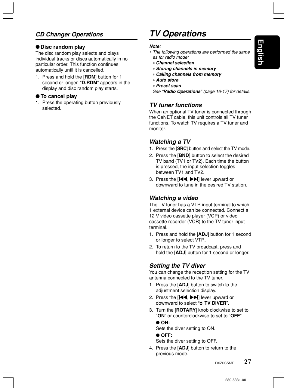 Tv operations, 27 english, Cd changer operations | Tv tuner functions, Watching a tv, Watching a video, Setting the tv diver | Clarion DXZ665MP User Manual | Page 27 / 31