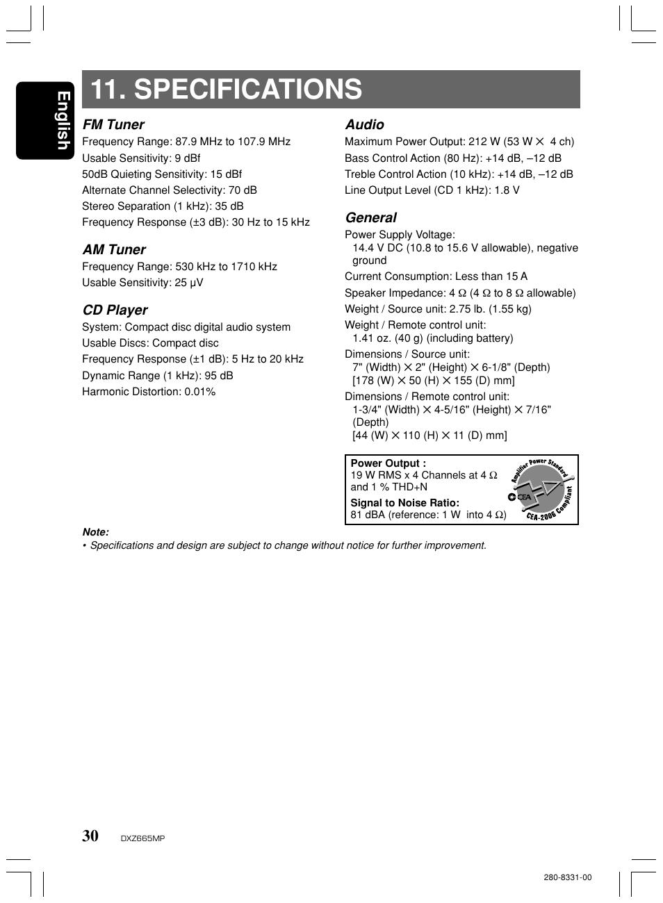 Specifications, English, Fm tuner | Am tuner, Cd player, Audio, General | Clarion DXZ665MP User Manual | Page 30 / 31