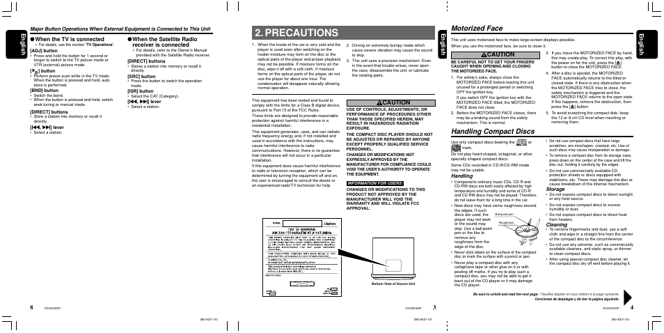 Precautions, Handling compact discs, Motorized face | 4english english english, Caution, When the tv is connected, When the satellite radio receiver is connected, Handling, Storage, Cleaning | Clarion DXZ665MP User Manual | Page 8 / 31