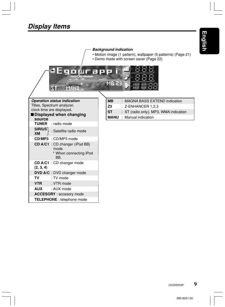 Display items, 9english | Clarion DXZ665MP User Manual | Page 9 / 31