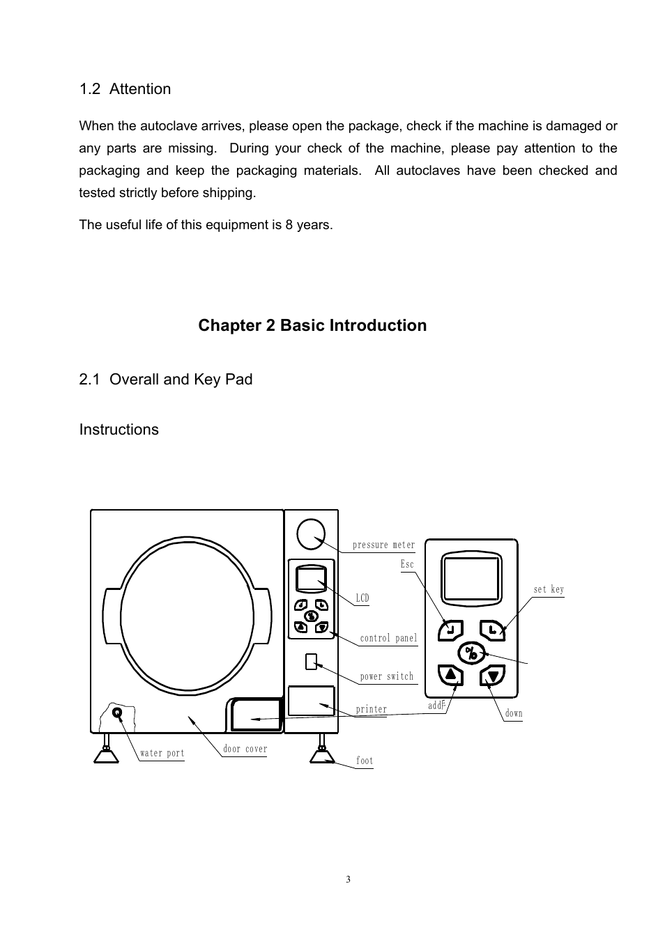 Chapter 2 basic introduction, 2 attention, 1 overall and key pad instructions | LABEC Shinva-45N User Manual | Page 5 / 21