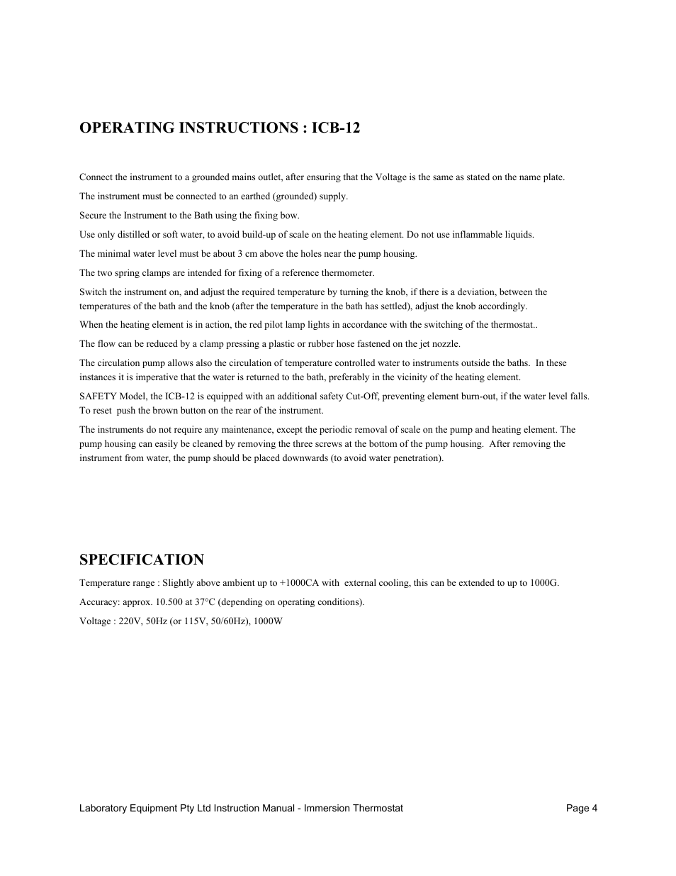 Operating instructions : icb-12, Specification | LABEC ICB-12 User Manual | Page 3 / 3