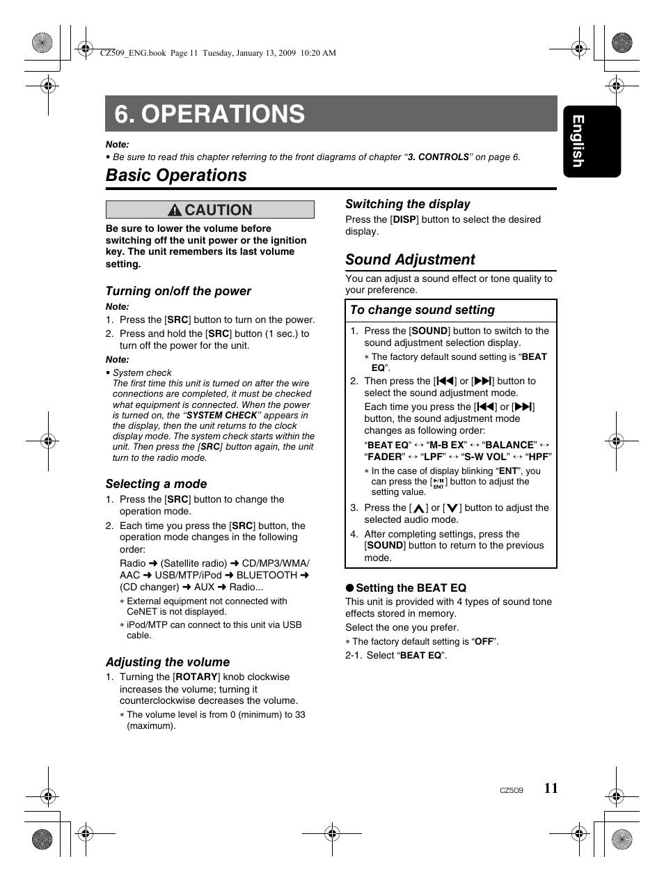 Operations, Basic operations, English 11 | Caution, Sound adjustment | Clarion CZ509 User Manual | Page 11 / 39