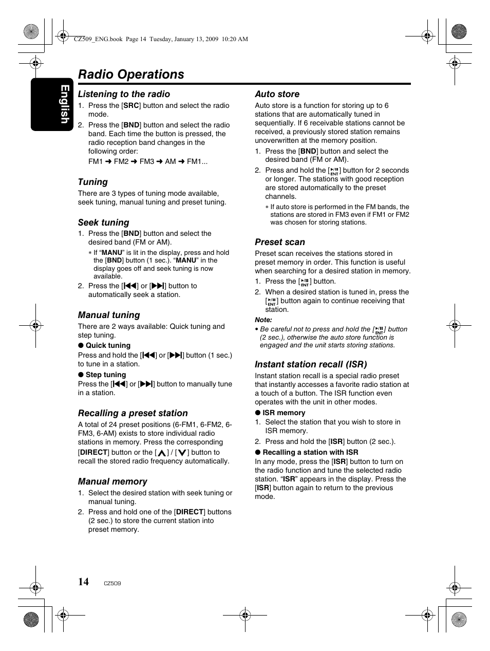 Radio operations, English 14 | Clarion CZ509 User Manual | Page 14 / 39