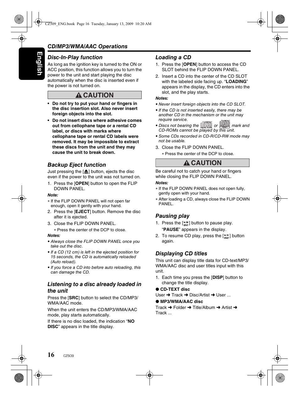 English 16, Caution | Clarion CZ509 User Manual | Page 16 / 39