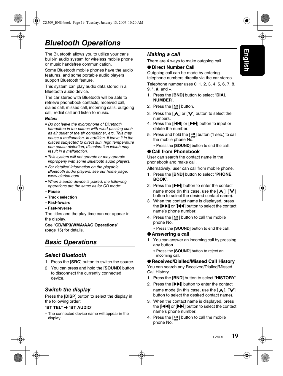 Bluetooth operations, English 19, Basic operations | Clarion CZ509 User Manual | Page 19 / 39