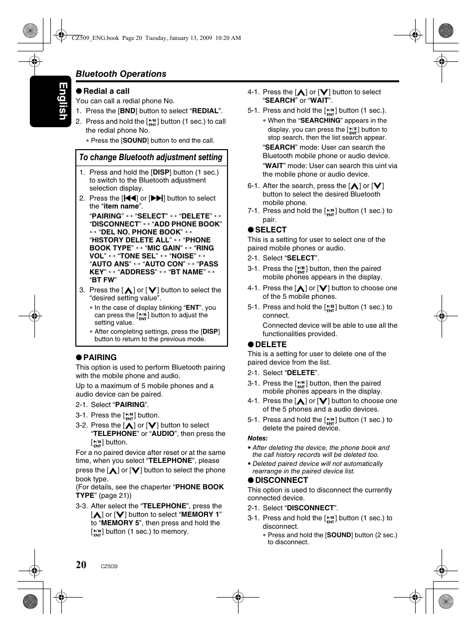 English 20 | Clarion CZ509 User Manual | Page 20 / 39