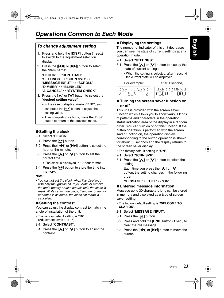 Operations common to each mode, English 23 | Clarion CZ509 User Manual | Page 23 / 39