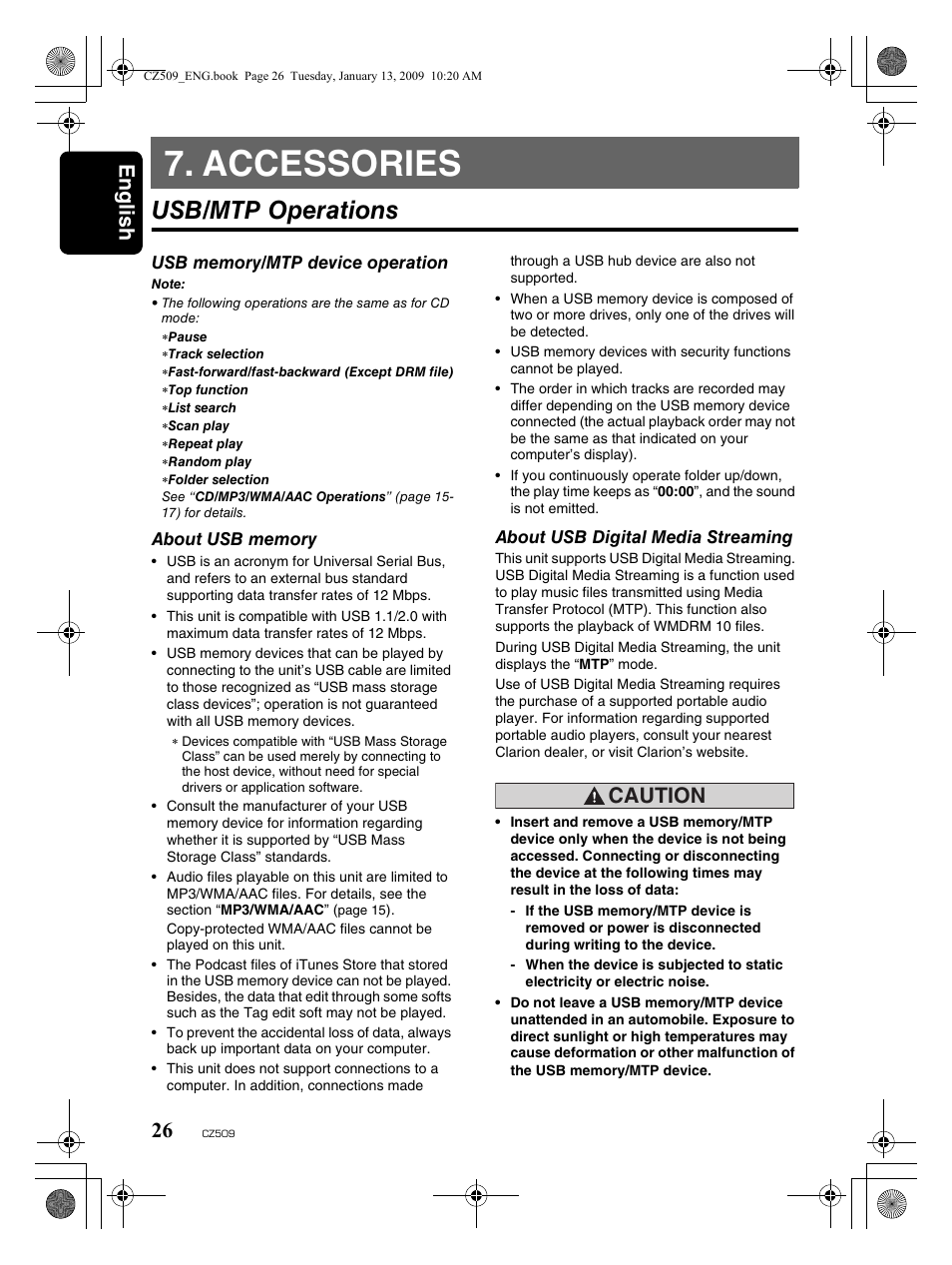Accessories, Usb/mtp operations, English 26 | Caution | Clarion CZ509 User Manual | Page 26 / 39