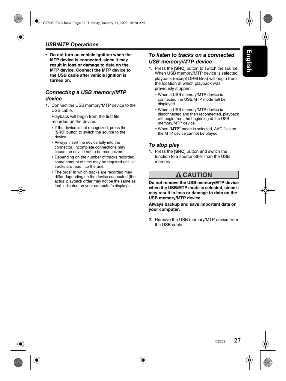 English 27, Caution | Clarion CZ509 User Manual | Page 27 / 39