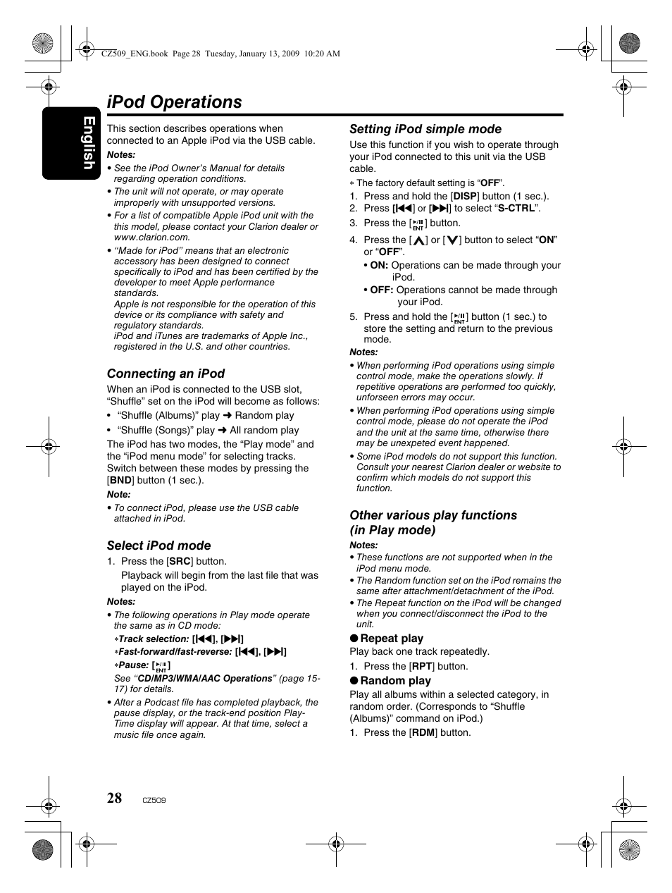 Ipod operations, English 28 | Clarion CZ509 User Manual | Page 28 / 39