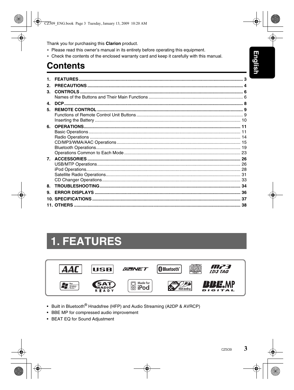 Clarion CZ509 User Manual | Page 3 / 39