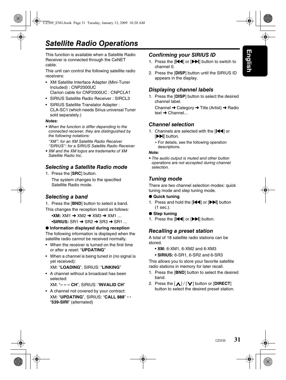 Satellite radio operations, English 31 | Clarion CZ509 User Manual | Page 31 / 39