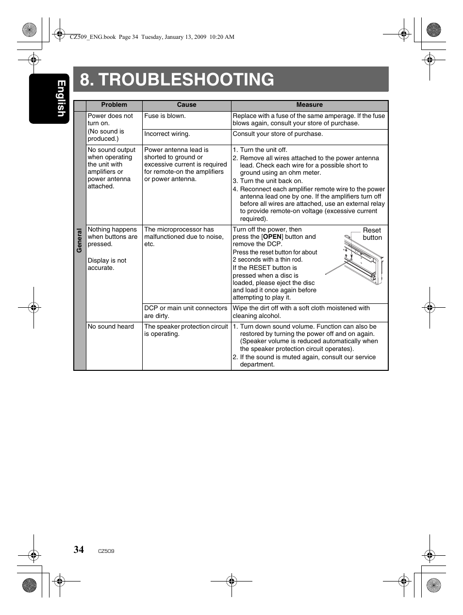 Troubleshooting, English 34 | Clarion CZ509 User Manual | Page 34 / 39