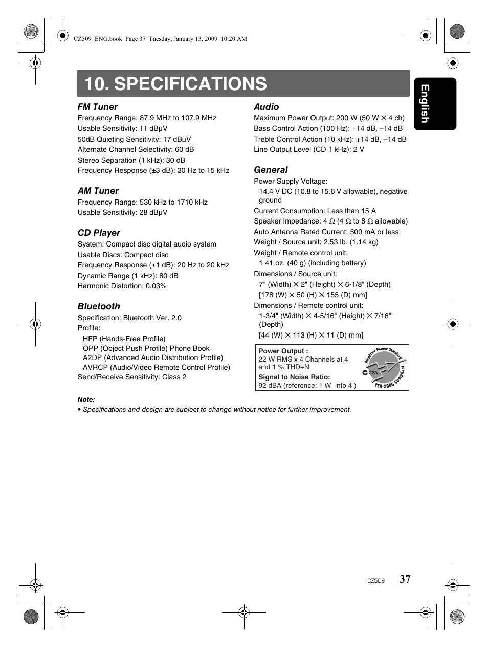 Specifications, English 37 | Clarion CZ509 User Manual | Page 37 / 39