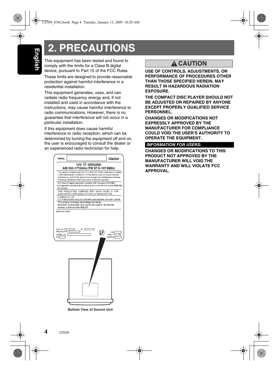 Precautions, English 4, Caution | Clarion CZ509 User Manual | Page 4 / 39