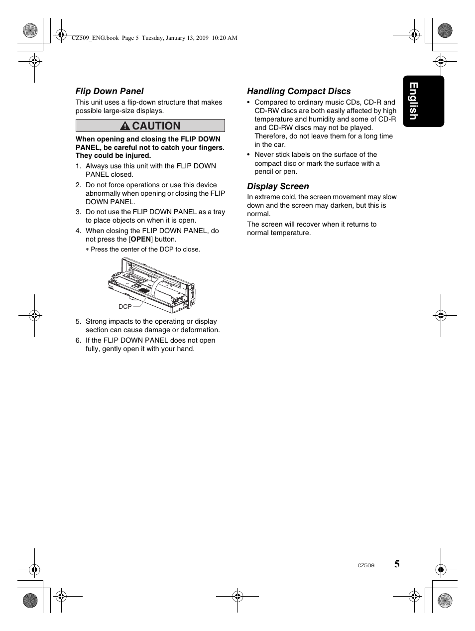 English 5, Caution | Clarion CZ509 User Manual | Page 5 / 39