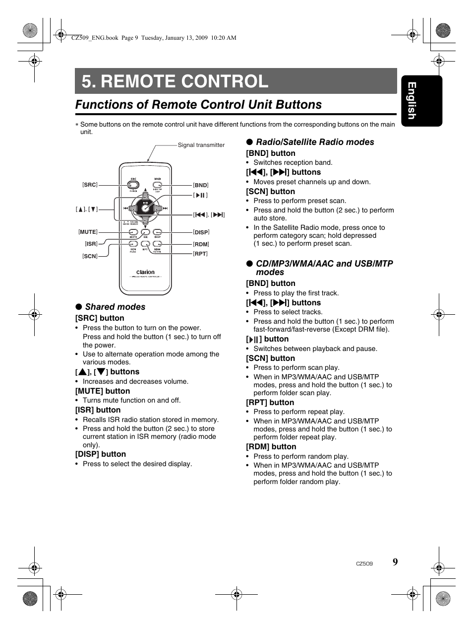 Remote control, Functions of remote control unit buttons, English 9 | Clarion CZ509 User Manual | Page 9 / 39