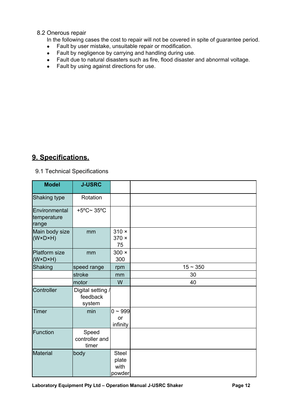 Specifications | LABEC J-USRC User Manual | Page 15 / 16