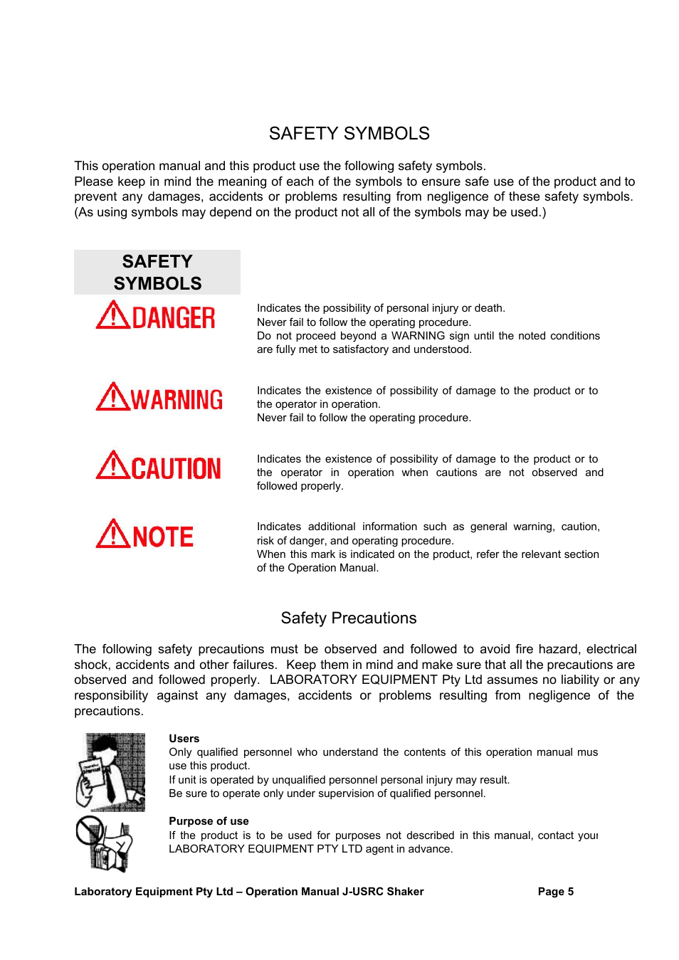 S afety s ymbols, Safety symbols, S afety precautions | LABEC J-USRC User Manual | Page 5 / 16