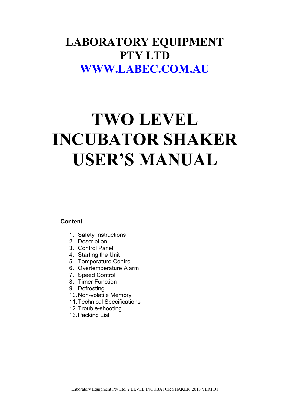 Two level incubator shaker user’s manual | LABEC Z-ZHWY-1112B User Manual | Page 2 / 9