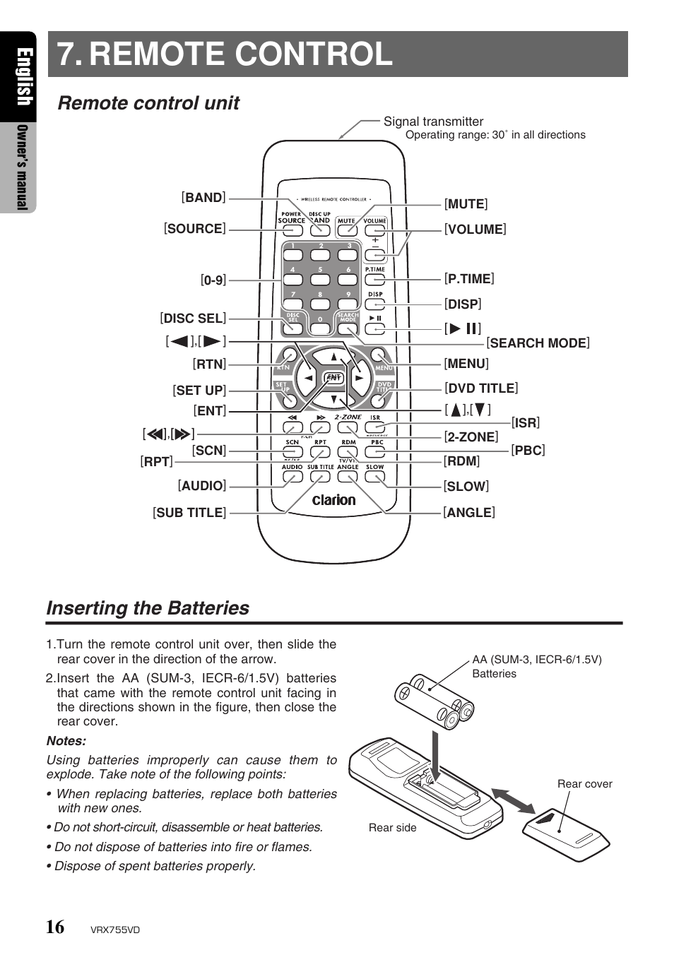 Remote control, Inserting the batteries, English | Remote control unit inserting the batteries | Clarion RX755VD User Manual | Page 14 / 72
