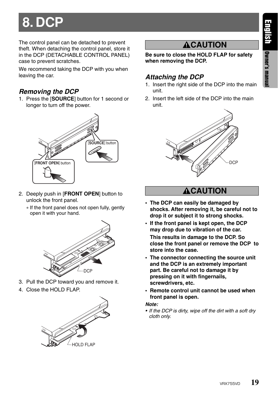 19 english, Caution, Removing the dcp | Attaching the dcp | Clarion RX755VD User Manual | Page 17 / 72