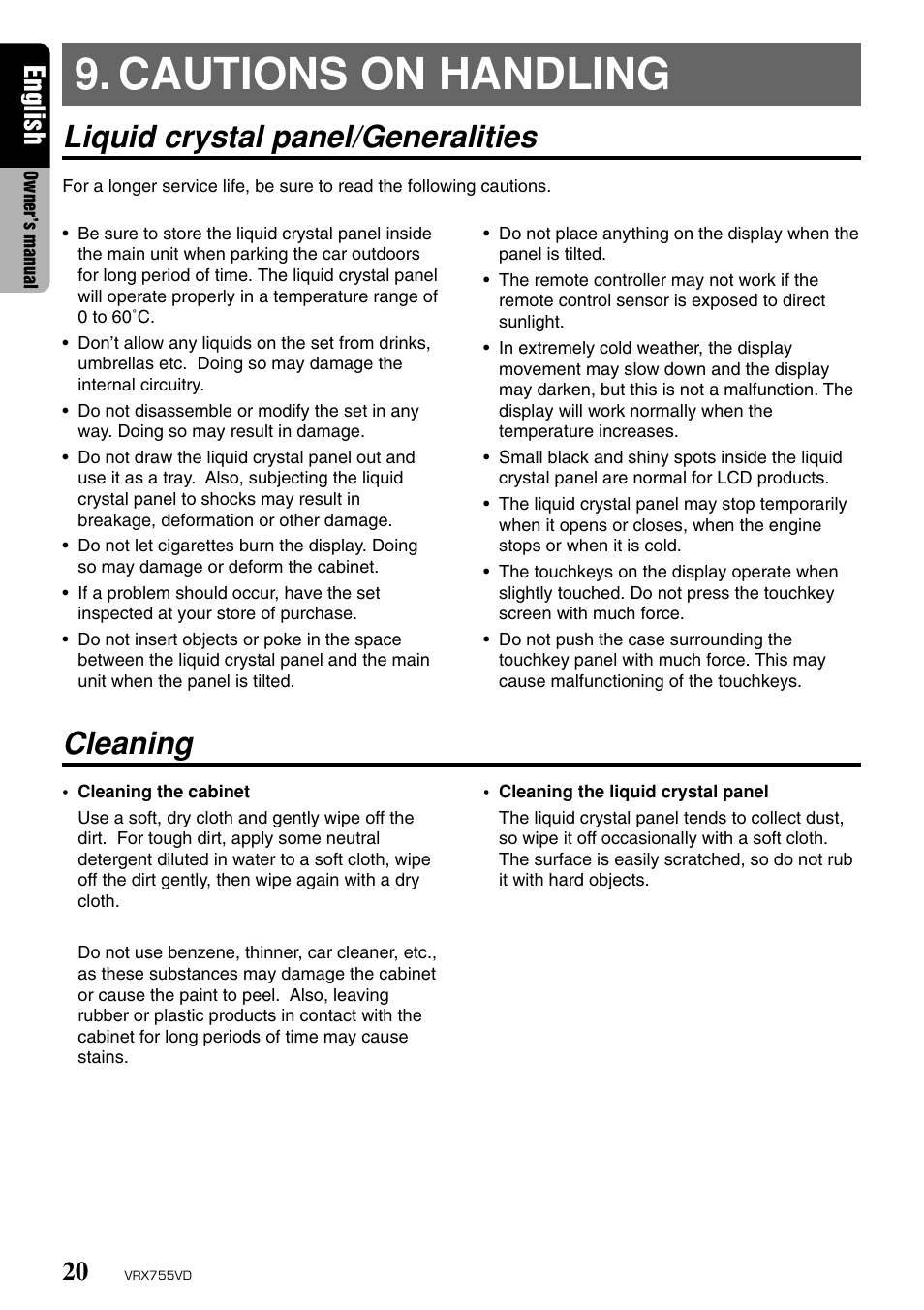 Cautions on handling, Liquid crystal panel/generalities, Cleaning | English | Clarion RX755VD User Manual | Page 18 / 72