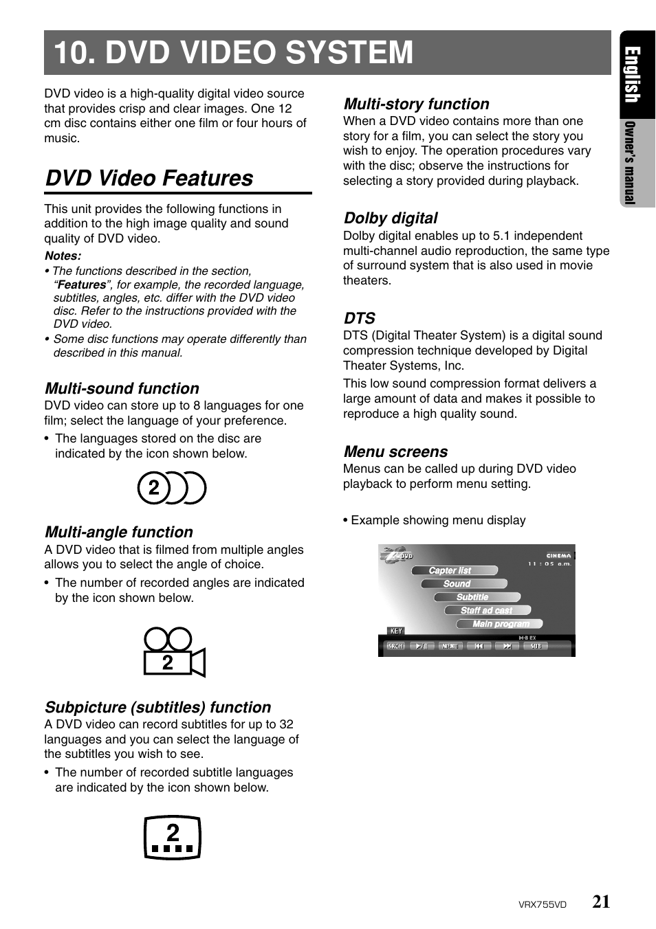 Dvd video system, Dvd video features, 21 english | Clarion RX755VD User Manual | Page 19 / 72