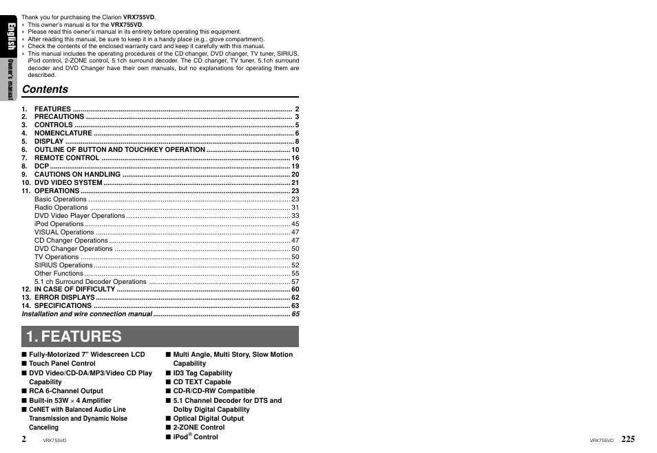 Clarion RX755VD User Manual | Page 2 / 72