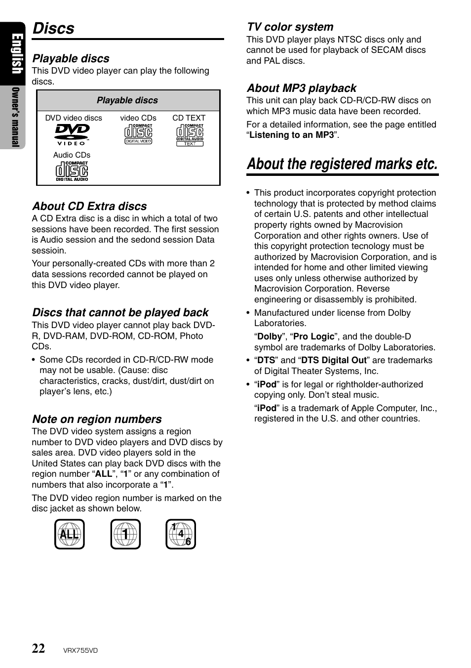Discs, About the registered marks etc, English | Playable discs, Tv color system, About mp3 playback, About cd extra discs, Discs that cannot be played back | Clarion RX755VD User Manual | Page 20 / 72