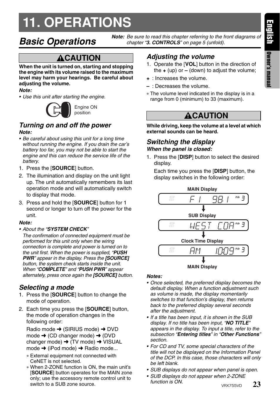Operations, Basic operations, 23 english | Caution, Turning on and off the power, Selecting a mode, Adjusting the volume, Switching the display | Clarion RX755VD User Manual | Page 21 / 72