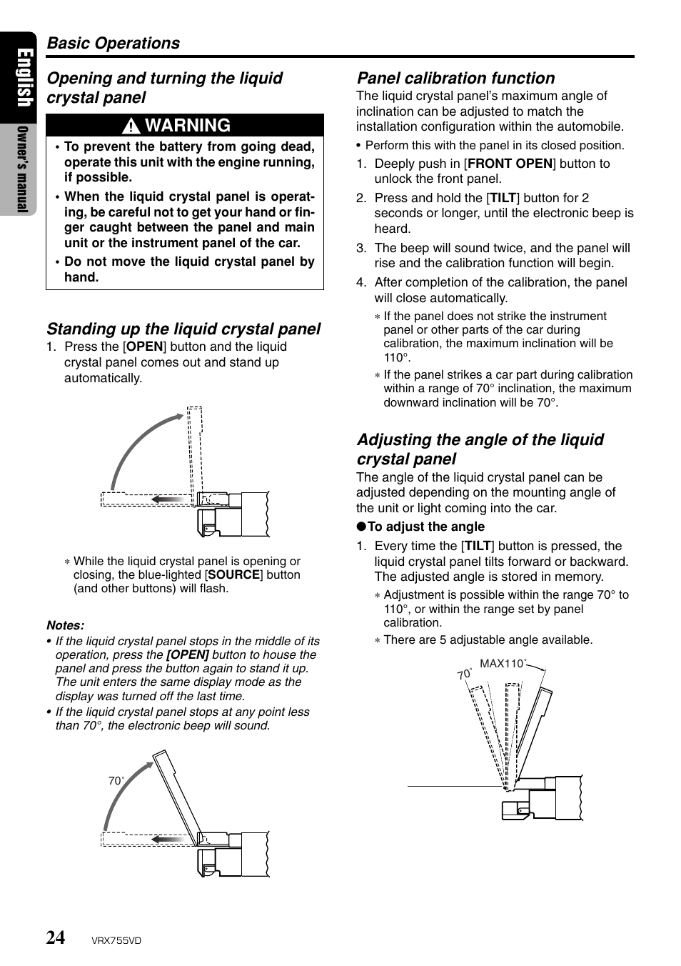 English, Warning, Standing up the liquid crystal panel | Panel calibration function, Adjusting the angle of the liquid crystal panel | Clarion RX755VD User Manual | Page 22 / 72