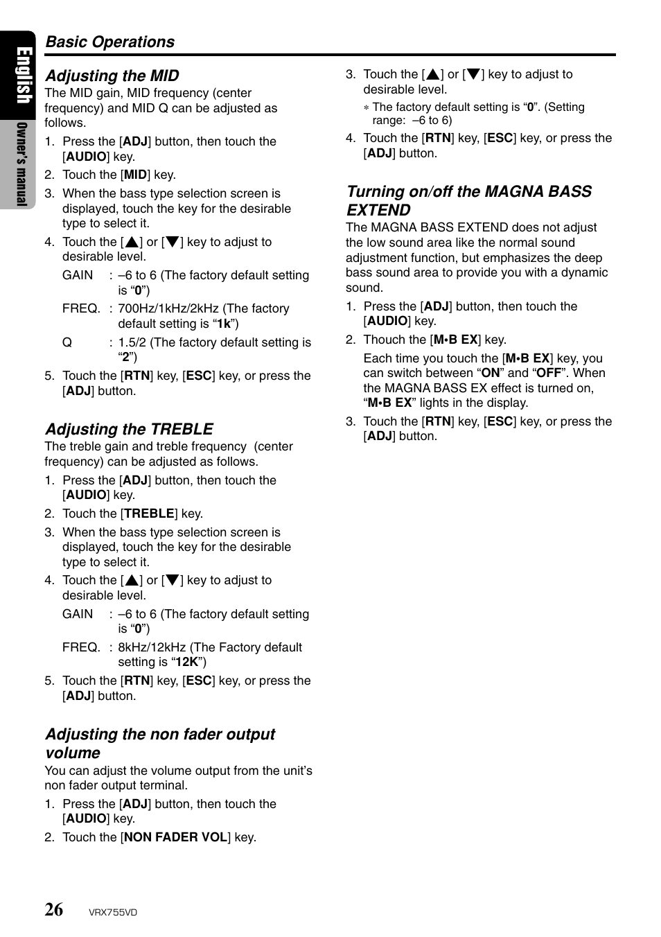 English, Basic operations adjusting the mid, Adjusting the treble | Adjusting the non fader output volume, Turning on/off the magna bass extend | Clarion RX755VD User Manual | Page 24 / 72
