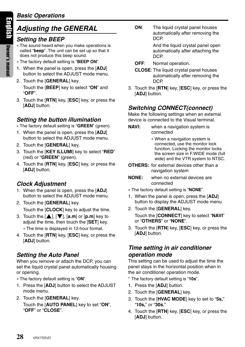 Adjusting the general, English, Basic operations | Setting the beep, Setting the button illumination, Clock adjustment, Setting the auto panel, Switching connect(connect), Time setting in air conditioner operation mode | Clarion RX755VD User Manual | Page 26 / 72